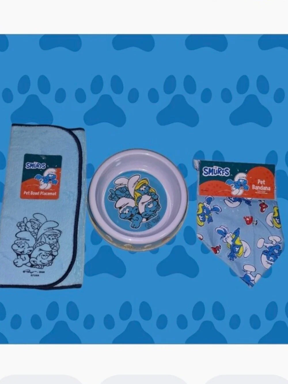 Smurf Pet Bandana & Bowl Placemat Set - Light Blue